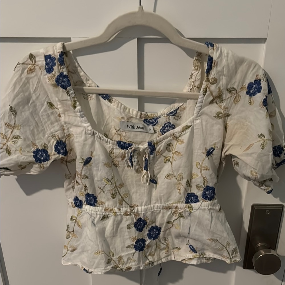 With Jean Floral Embroidered Women's Top - White and Blue